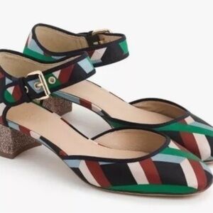 J. Crew Multicolor Striped Ankle-Strap Block Heels in Green, Black, Red, Blue